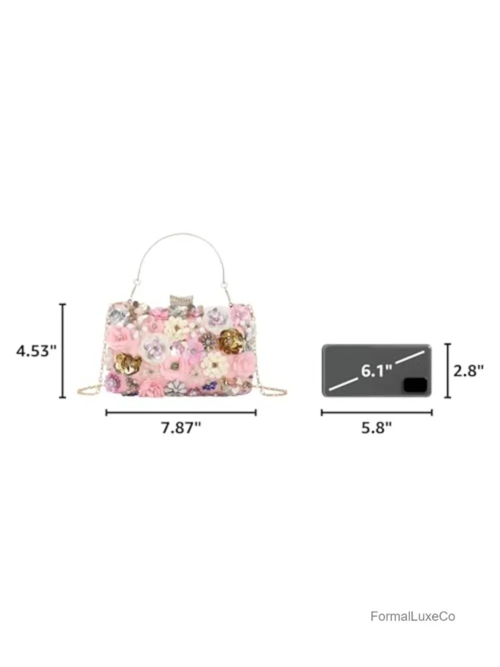 Evening Clutch Handbag with Multi-Colored 3D Flowers and Chain Strap
